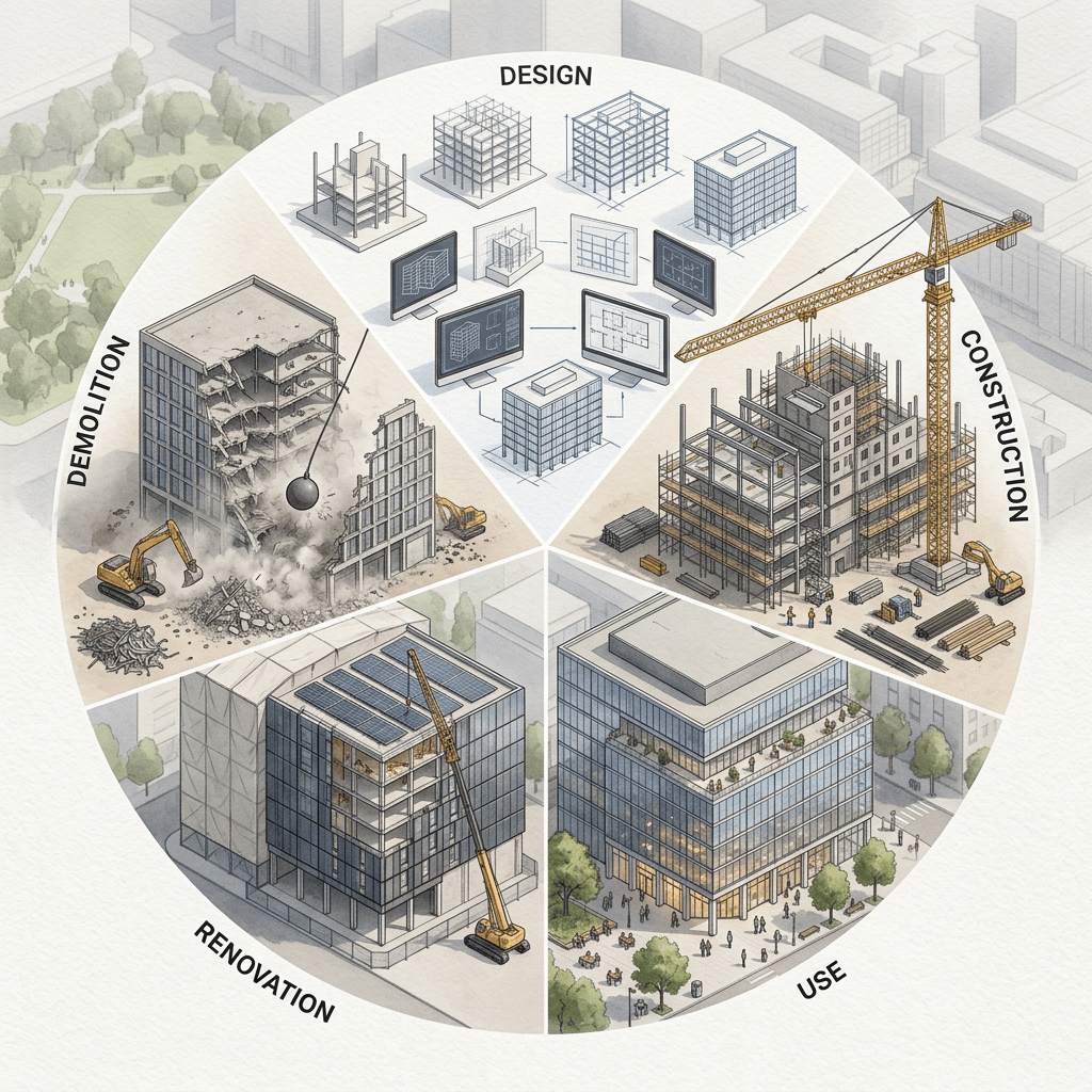 Circular building lifecycle diagram labeled DESIGN, CONSTRUCTION, USE, RENOVATION, and DEMOLITION