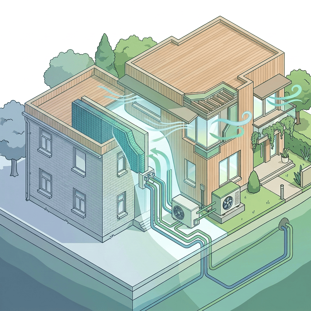 Before-and-after home retrofit with solar panels, heat pump, passive cooling, and district heating