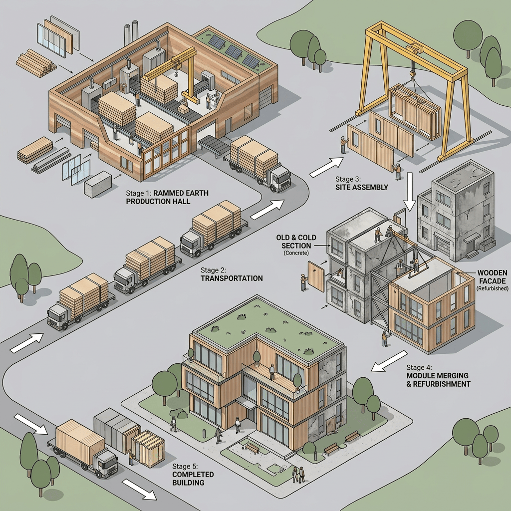 Five-stage modular construction process from production through transportation, assembly, connection, and completion