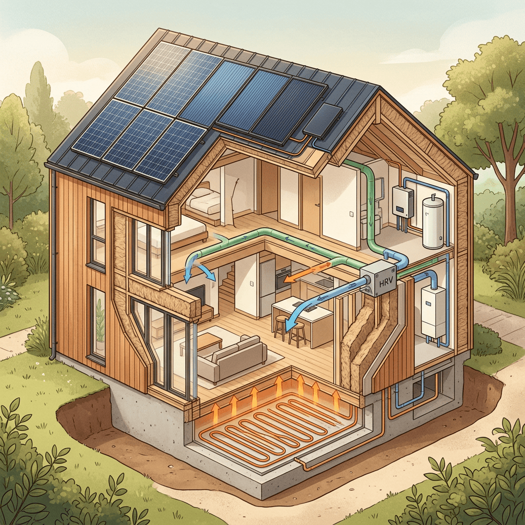 Cutaway house with solar panels, HRV ventilation, and geothermal floor heating