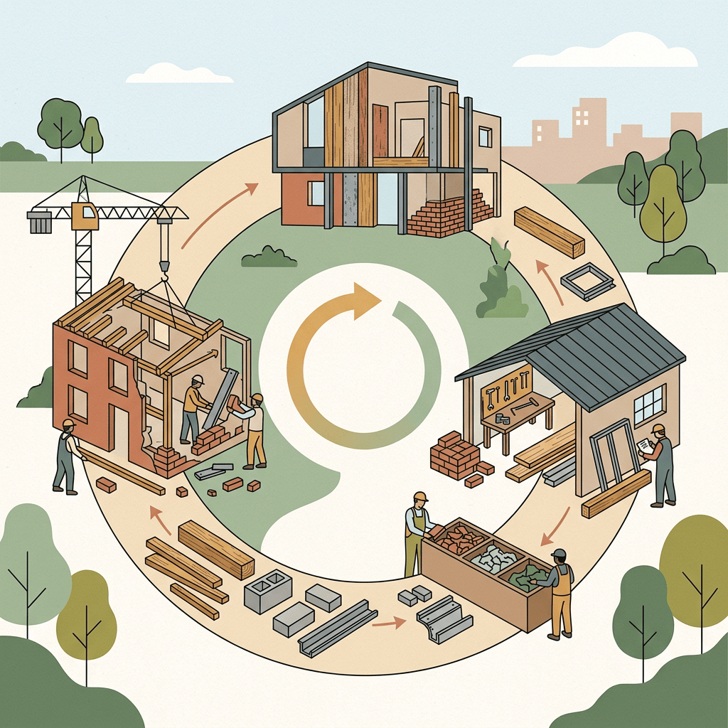 Circular construction workflow showing material reuse, building, repair, and recycling