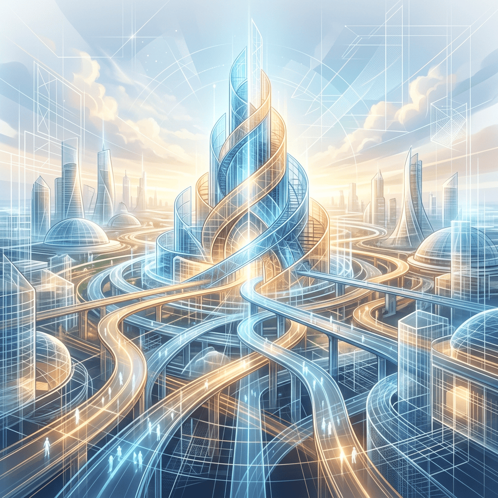 Futuristic city with glowing elevated transit routes and spiral tower