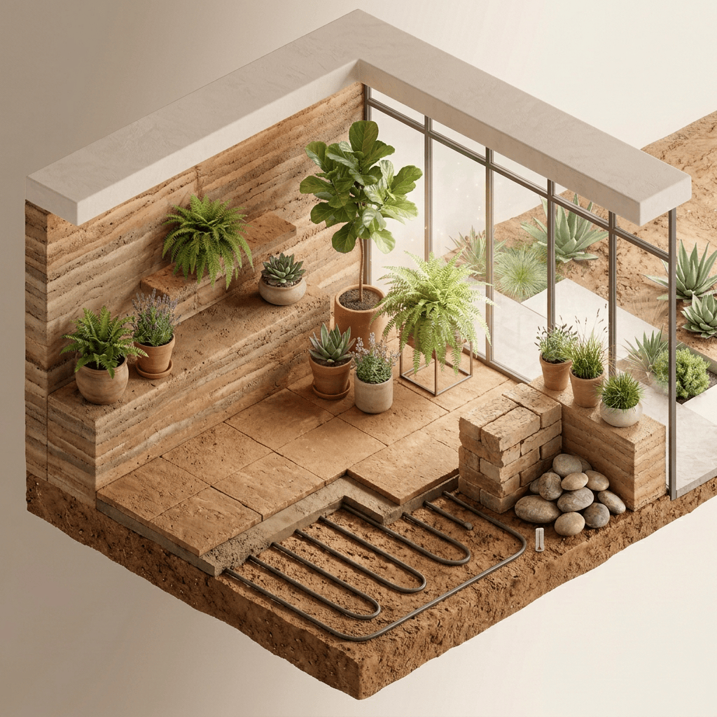 Sunlit indoor nook with potted plants, wood planks, stone slabs, and stacked bricks